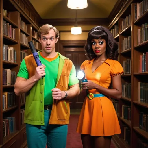 Prompt: A Caucasian man dressed as Fred from scooby doo folding a flashlight and a beautiful black woman dressed as Daphne with a flashlight in a haunted house library 