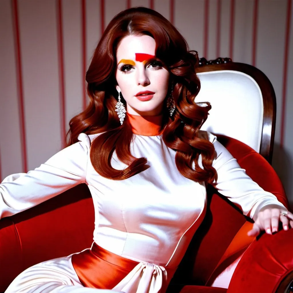 Prompt: Lana del Rey with orange wavy hair sitting in a red chaise wearing a white silk dress posing charmingly 