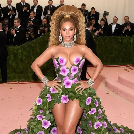 Prompt: Beyoncé posing at the MET GALA red carpet wearing a petunias inspired dress