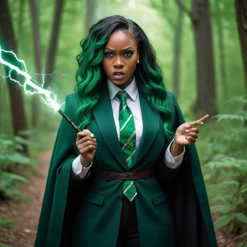 Prompt: Beautiful black woman wearing a slytherin cloak , green tie, green long hair and holding a magic wand angrily with lightning coming out deep in the woods