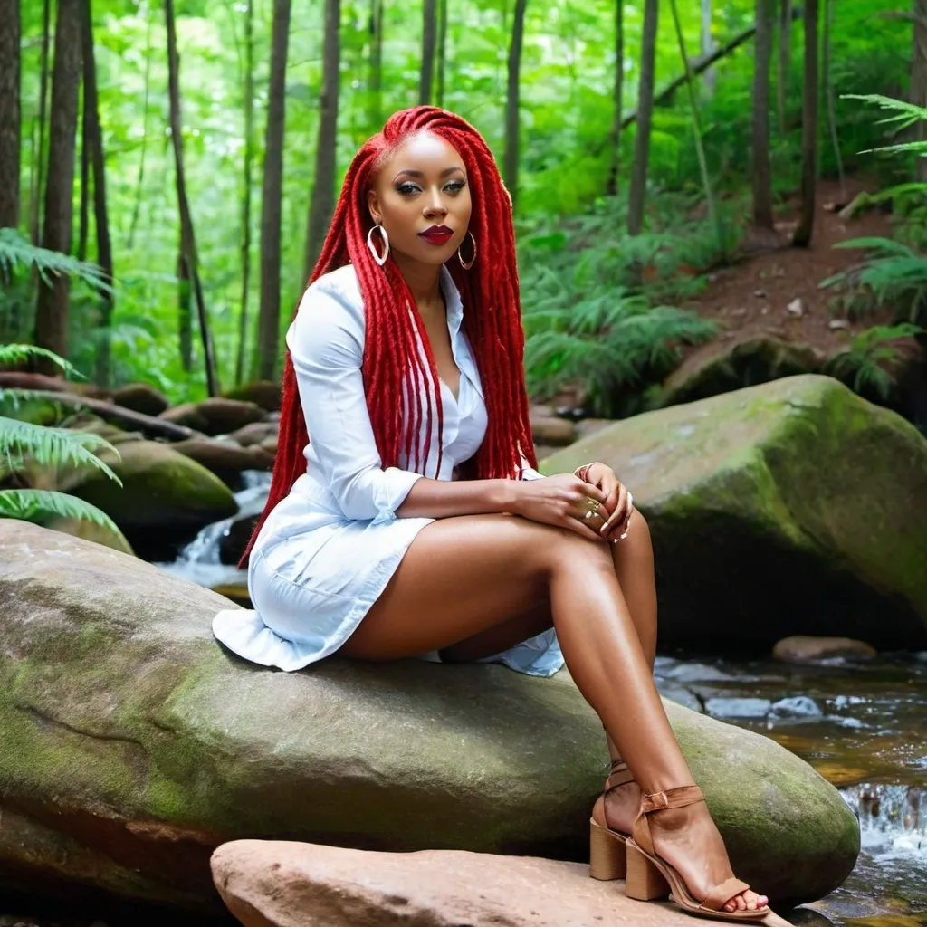 Prompt: Beautiful black woman with long red locs sitting on a rock in a beautiful forest 