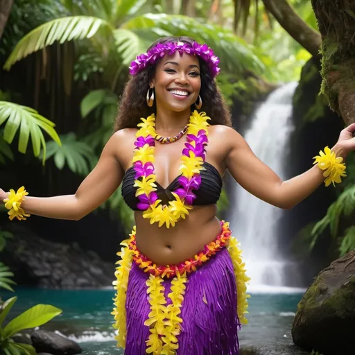 Prompt: Beautiful black woman smiling and poses with purple and yellow leis chest out and hula in front of a Hawaiian waterfall 