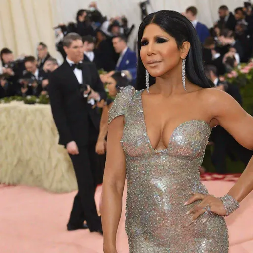 Prompt: Toni Braxton posing wearing a sequin vine dress at the MET GALA red carpet 