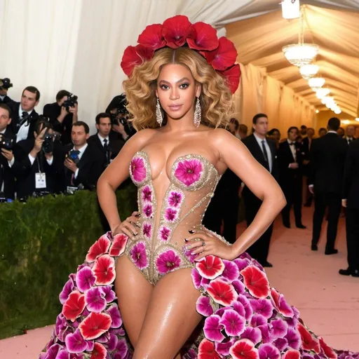 Prompt: Beyoncé posing at the MET GALA red carpet wearing a petunias inspired dress