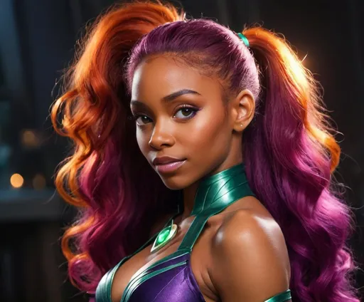 Prompt: A beautiful black woman and hair in a ponytail as starfire using magic 