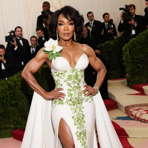 Prompt: Angela Bassett at the MET GALA red carpet posing wearing gardenia inspired dress
