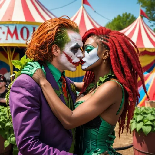 Prompt: Black woman as poison ivy red locs with plant stems on her body Kissing the Joker in front of a circus on free