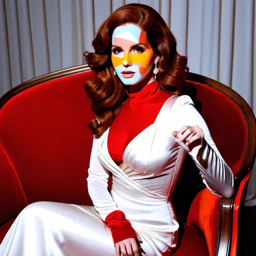 Prompt: Lana del Rey with orange wavy hair sitting in a red chaise wearing a white silk dress posing charmingly 