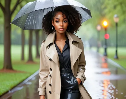 Prompt: Beautiful black woman in a trench coat walking in the rain in a park 