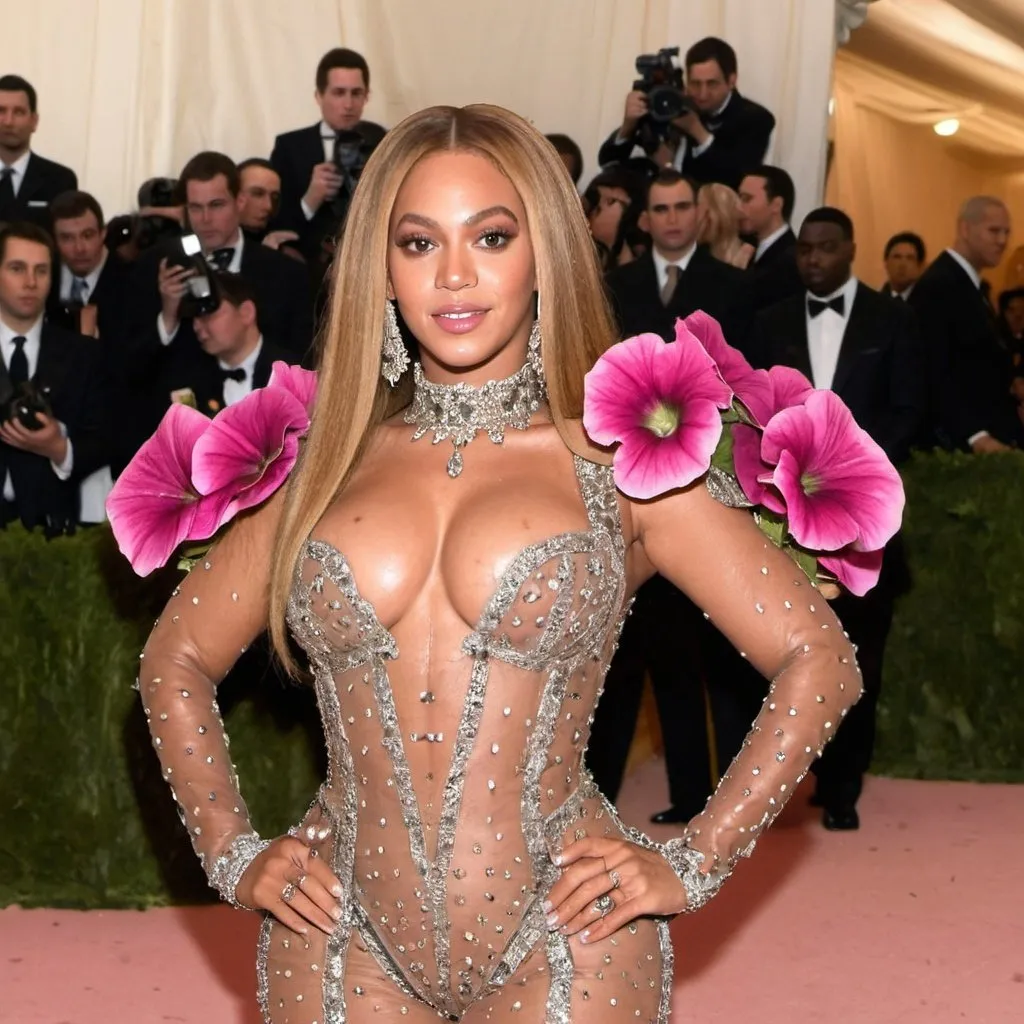 Prompt: Beyoncé posing at the MET GALA red carpet wearing a petunias inspired dress