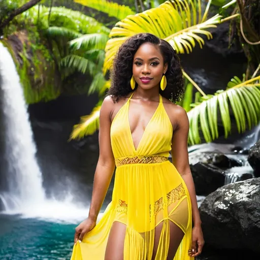 Prompt: Beautiful black woman posing in a sheer yellow dress in front of a Hawaiian waterfall 