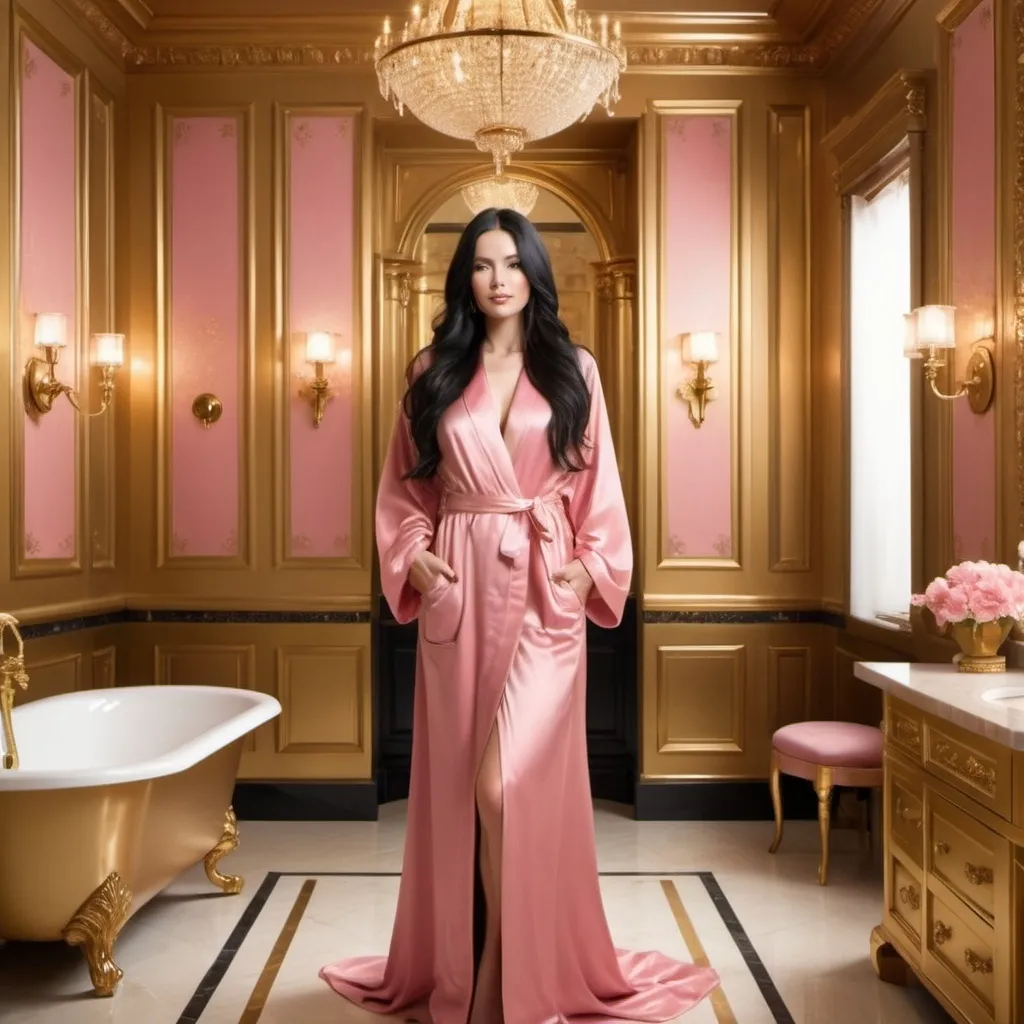 Prompt: A beautiful black with long black hair in a long pink robe happily walking around a luxurious golden washroom 