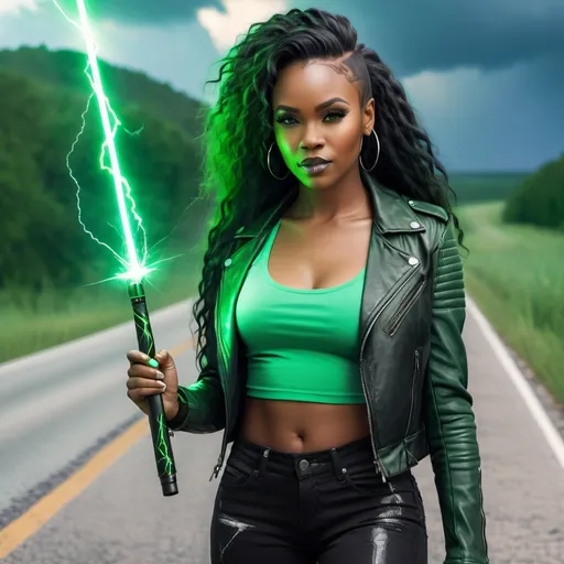 Prompt: Beautiful black woman with a smirk wearing a black leather jacket , green tank top, black biker boots, green long hair and holding a magic wand with lightning coming out in middle of a road realistic, 8k