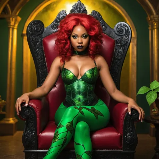 Prompt: A beautiful black woman as poison ivy on a throne 