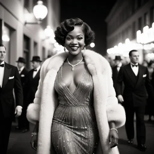 Prompt: Glamorous Black woman smiling wearing a 20’s style dress and fur coat with a 20’s hairstyle walking on the red carpet in black and white 