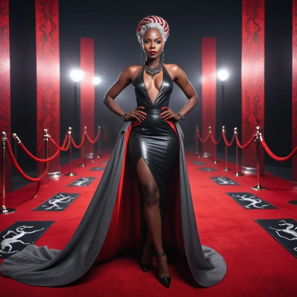 Prompt: Beautiful dark skin black woman with gray hair on a red carpet wearing a Scorpio with a scorpion tail inspired outfit 