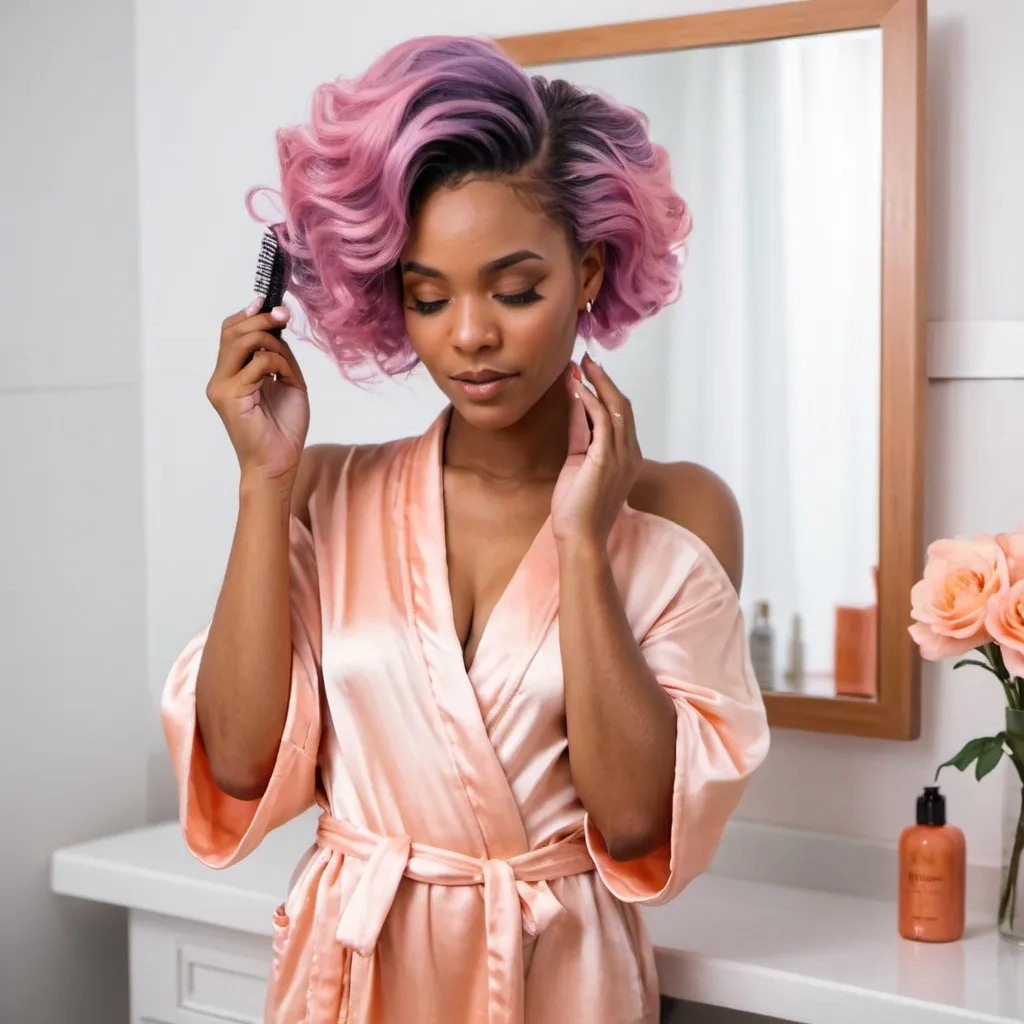 Prompt: Beautiful black woman with purple hair in a silk peach robe combing her hair in front of vanity 