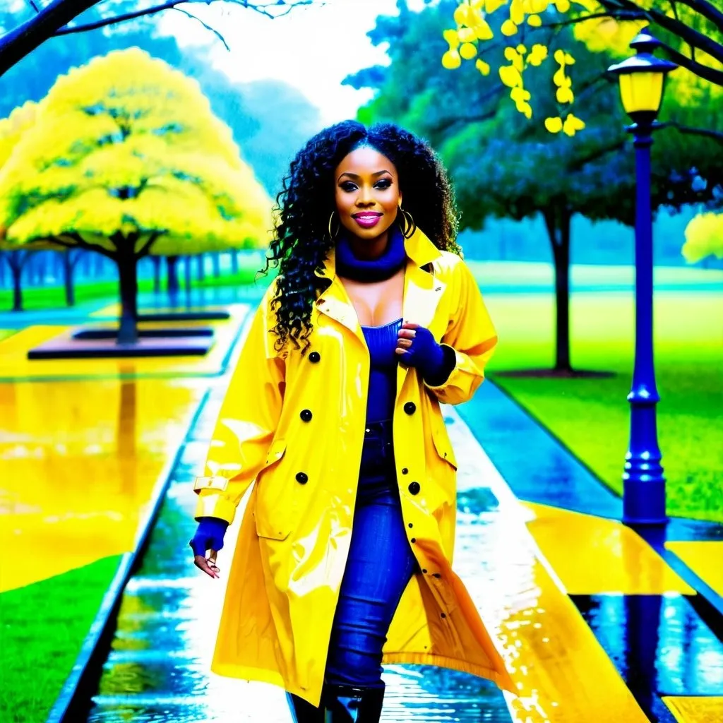 Prompt: Beautiful black woman with wavy hair wearing a yellow raincoat and boots walking through a park in the rain 