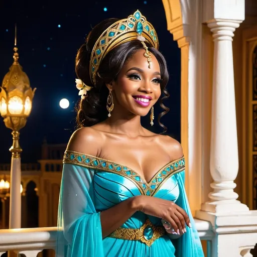 Prompt: Beautiful black woman dressed as Jasmine smiling looking out the palace balcony at night 