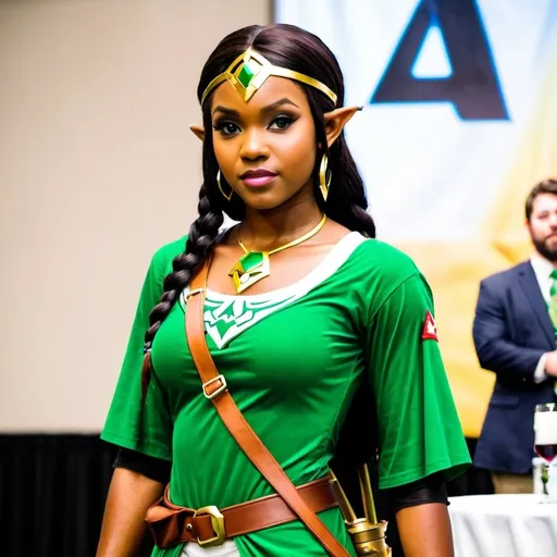 Prompt: Beautiful black woman dressed as link from legend of Zelda at a fan convention 