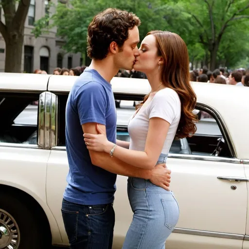 Prompt: Blair Waldorf wearing a silver tube dress and Dan Humphrey in a white T-shirt and blue denim jeans lustfully kissing inside of limousine 
