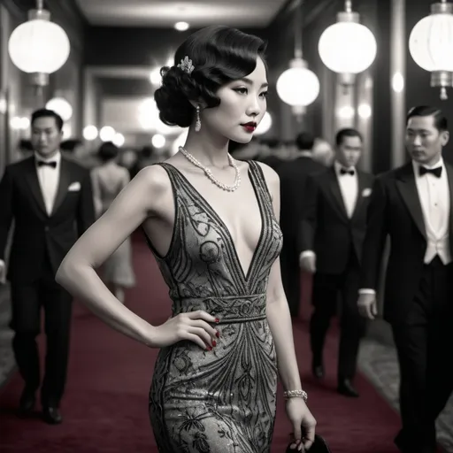 Prompt: Glamorous Asian woman wearing a 20’s style dress with a 20’s hairstyle walking on the red carpet in black and white 