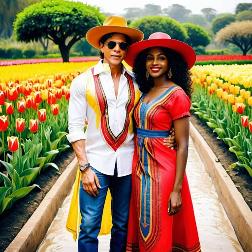 Prompt: <mymodel> Shahrukh Khan in a white shirt and blue denim jeans lovingly holding a beautiful dark skin black woman smiling coyly with a red zulu hat wearing a red dashiki dress in a yellow tulip filled garden.