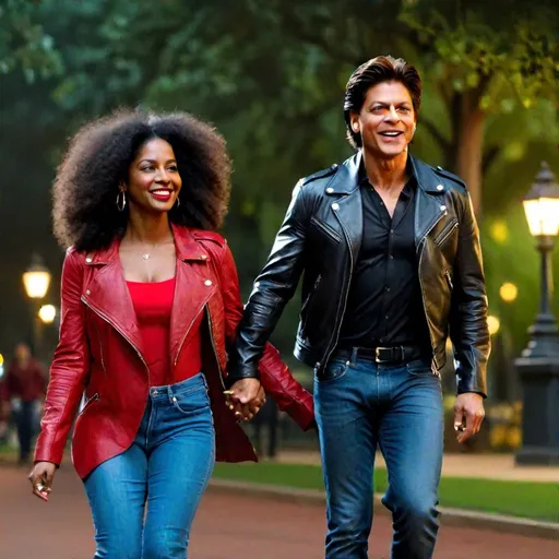 Prompt: Shahrukh Khan in white shirt and blue jeans running holding hands lovingly a beautiful black woman smiling with an afro in a black leather jacket and red maxi dress in park at night 