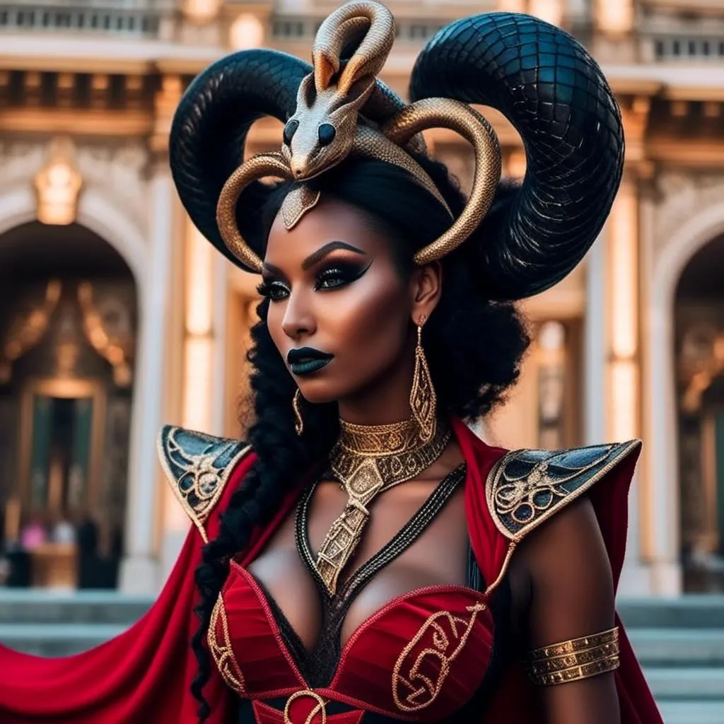 Prompt: Beautiful black woman dressed as Jafar outside the palace with a snake staff<mymodel>