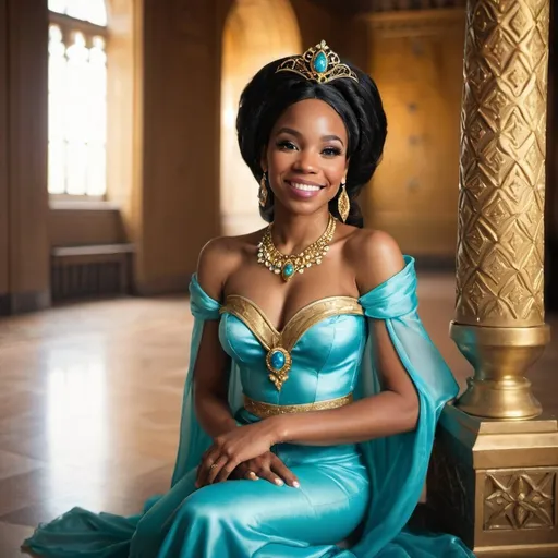 Prompt: Beautiful black woman dressed as Jasmine smiling sitting in the palace 