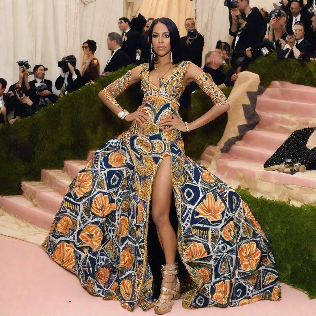 Prompt: Aaliyah posing wearing an African inspired flower vine dress at the MET GALA 