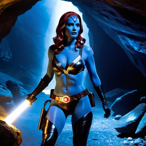 Prompt: mystique talking and walking in an cave holding a flashlight 