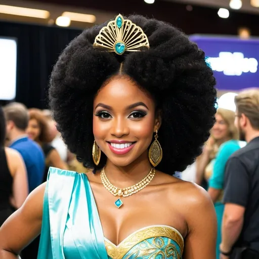 Prompt: Beautiful black woman dressed as Jasmine with an Afro at a fan convention smiling 