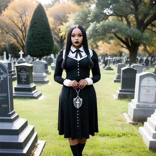 Prompt: Hyper feminine beautiful black woman dressed as Wednesday Addams in a cemetery 