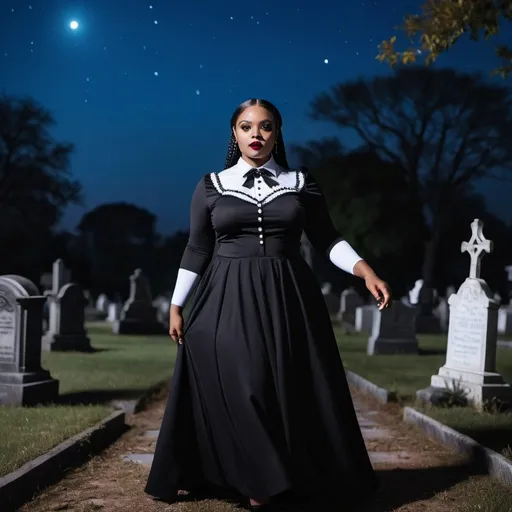 Prompt: Hyper feminine beautiful black woman dressed as Wednesday Addams in a black glamorous dress  dancing in a cemetery at night 