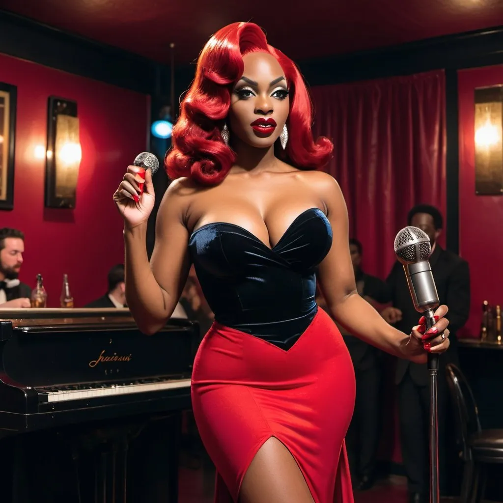 Prompt: A beautiful black woman dressed as Jessica Rabbit in a jazz club holding a microphone 