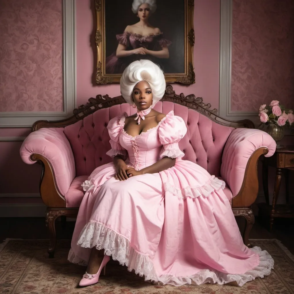 Prompt: A beautiful black woman wearing a huge Victorian pink dress and exaggerated Victorian white wig while sitting in vintage chaise