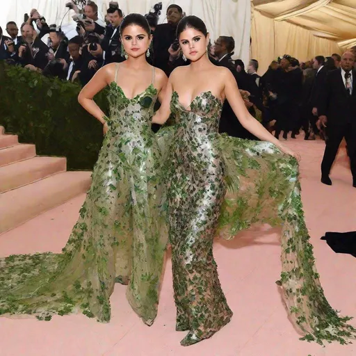 Prompt: Selena Gomez posing wearing a sequin vine dress at the MET GALA red carpet 