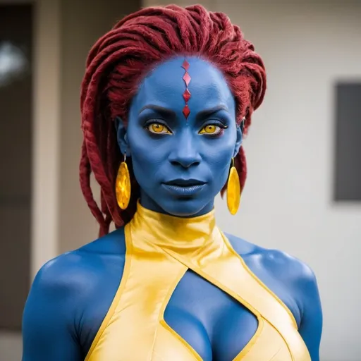 Prompt: Beautiful black woman  cosplaying as mystique with red locs and yellow eyes 