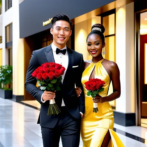 Prompt: Hyper realistic handsome Asian ma wearing a black suit and holding a bouquet of red roses smiling with a hyper realistic beautiful dark skin black woman smiling with long brown hair in a bun, yellow silk dress in front of luxurious hotel 