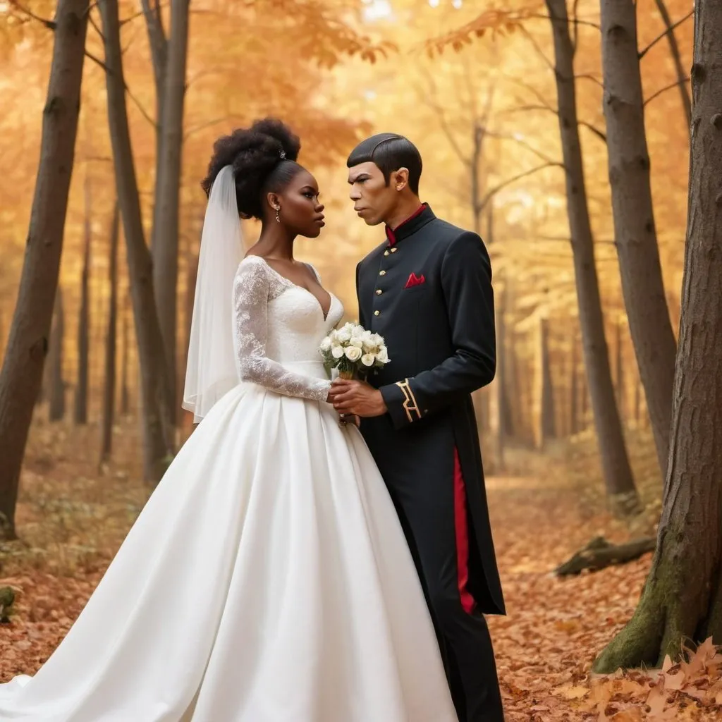 Prompt: Beautiful black woman in a wedding dress and Amok Spock getting married in the woods in autumn 