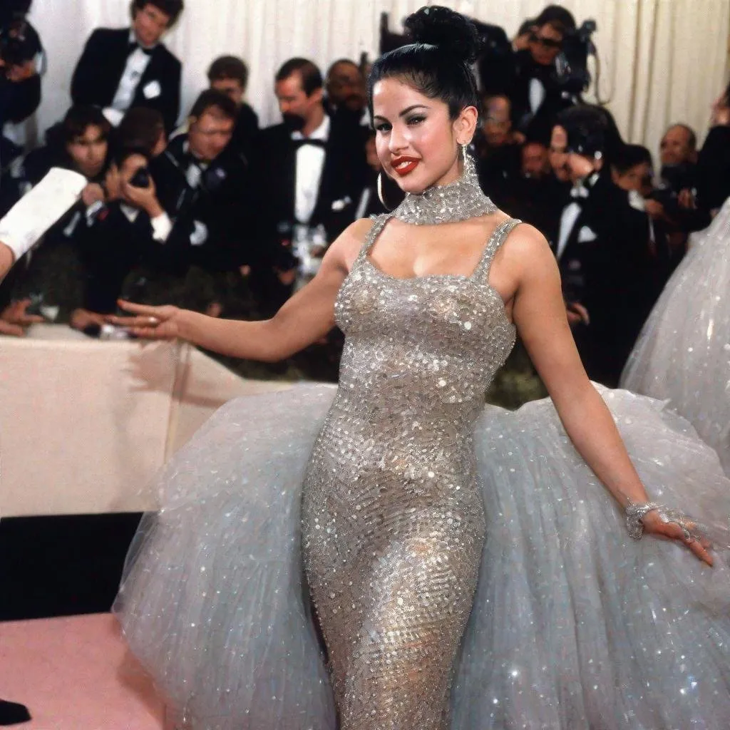 Prompt: Selena Quintanilla posing in a crystal dress hair in bun on the MET GALA red carpet 