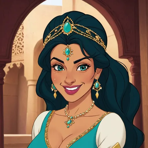 Prompt: Jasmine as sultana smirking and flirting 