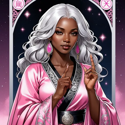 Prompt: tarot card Anime illustration, long silver-haired black woman, pink  detailed ornate cloth robe, dramatic lighting showing middle finger 