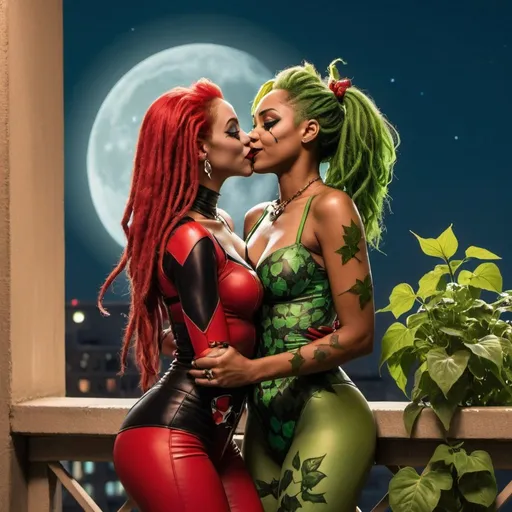 Prompt: Black woman as poison ivy red locs with plant stems on her body kissing Harley Quinn on a balcony with the full moon behind them