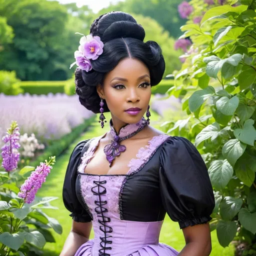 Prompt: A beautiful black woman with black Coiffure a la Chinoise hair wearing a lilac Victorian dress in a beautiful garden