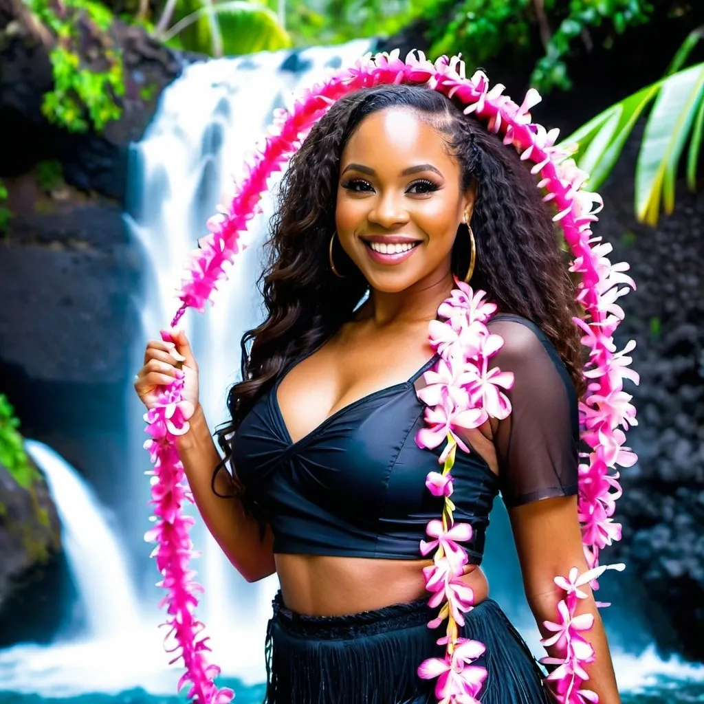 Prompt: Beautiful black woman smiling posing with pink leis and hula in front of a Hawaiian waterfall 