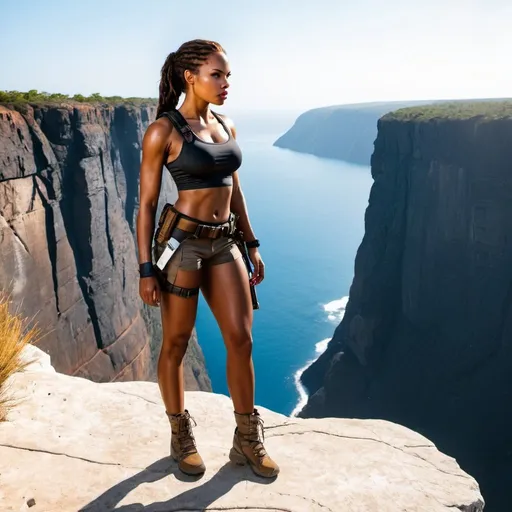 Prompt: Hyper beautiful black woman dressed as Lara Croft standing at edge of cliff 