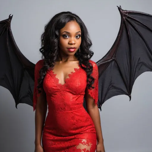 Prompt: A beautiful black woman with bat wings in a red lace dress 