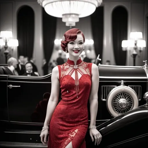 Prompt: Glamorous redhead woman smiling wearing a 20’s style red qi pao dress and a 20’s hairstyle on the red carpet in front of a limousine in black and white 